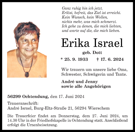 Traueranzeige von Erika Israel von Rhein-Zeitung