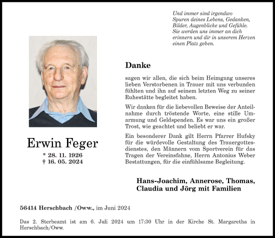 Traueranzeige von Erwin Feger von Westerwälder Zeitung