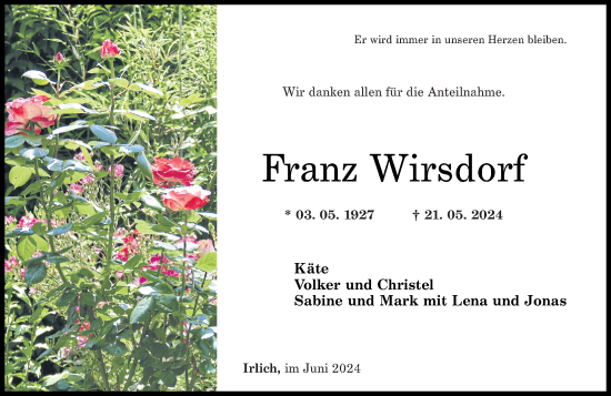 Traueranzeige von Franz Wirsdorf von Rhein-Zeitung
