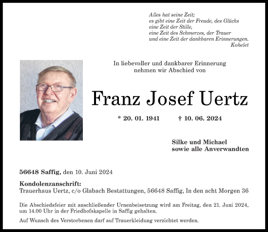Traueranzeige von Franz Josef Uertz von Rhein-Zeitung