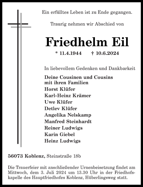 Traueranzeige von Friedhelm Eil von Rhein-Zeitung