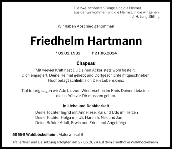 Traueranzeige von Friedhelm Hartmann von Oeffentlicher Anzeiger
