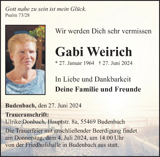Traueranzeige von Gabi Weirich von Rhein-Hunsrück-Zeitung