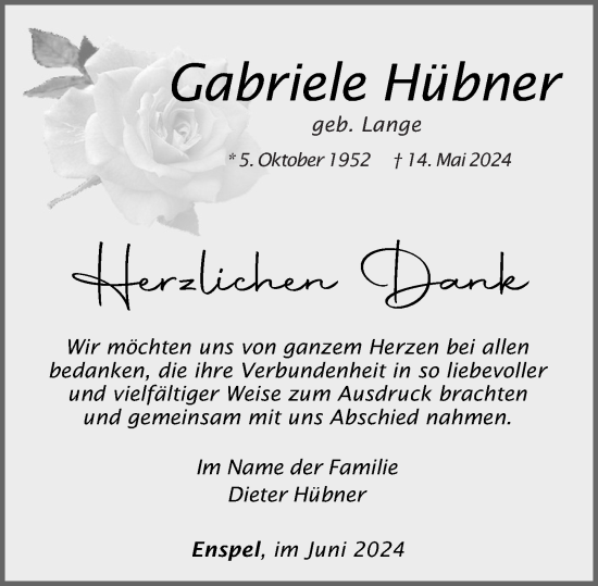 Traueranzeige von Gabriele Hübner von Westerwälder Zeitung