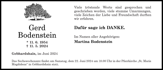 Traueranzeige von Gerd Bodenstein von Rhein-Zeitung
