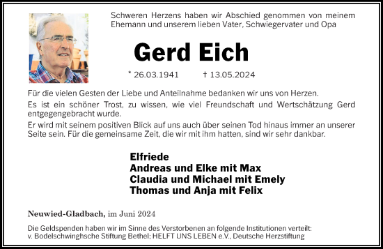 Traueranzeige von Gerd Eich von Rhein-Zeitung