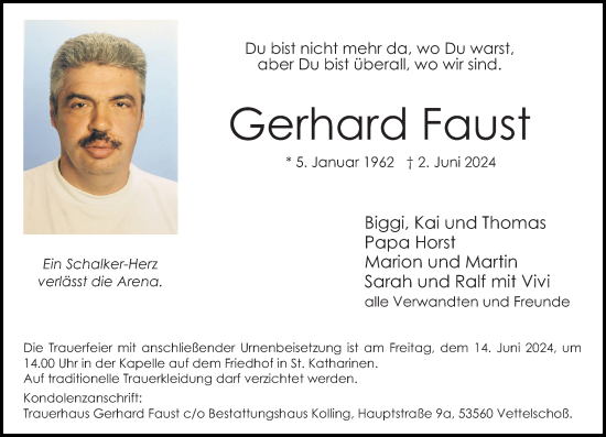 Traueranzeige von Gerhard Faust von Rhein-Zeitung