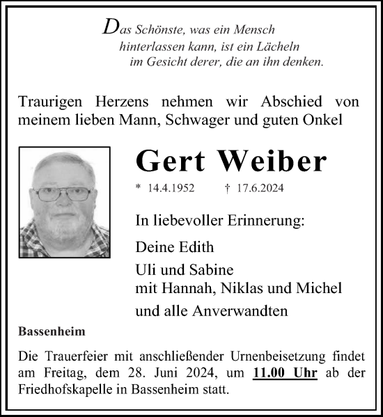 Traueranzeige von Gert Weiber von Rhein-Zeitung