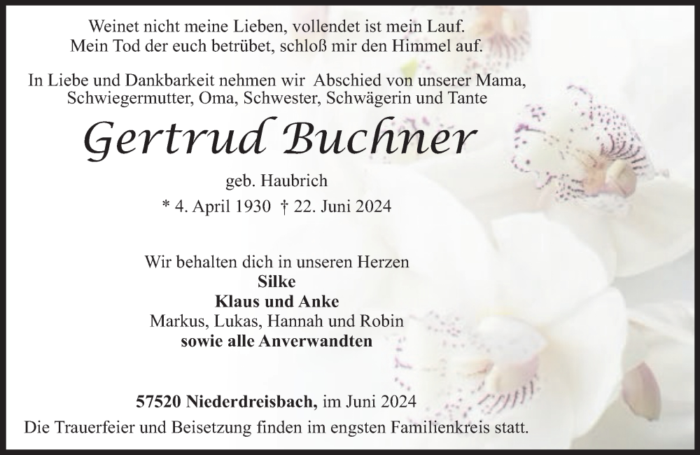  Traueranzeige für Gertrud Buchner vom 25.06.2024 aus Rhein-Zeitung