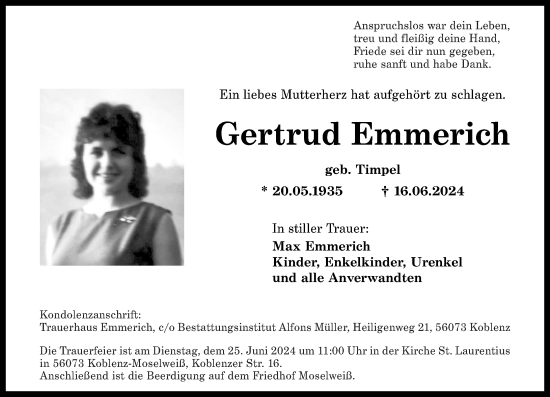 Traueranzeige von Gertrud Emmerich von Rhein-Zeitung