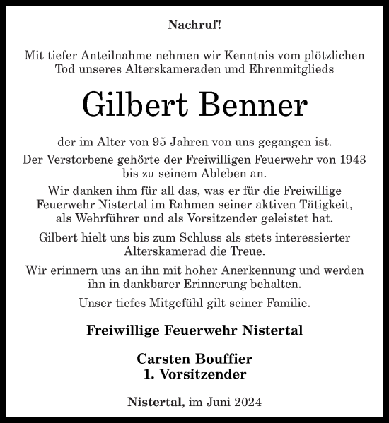 Traueranzeige von Gilbert Benner von Westerwälder Zeitung
