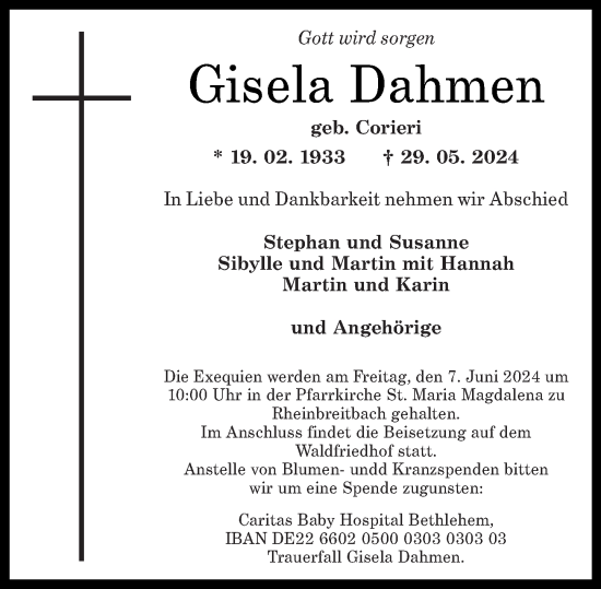 Traueranzeige von Gisela Dahmen von Rhein-Zeitung