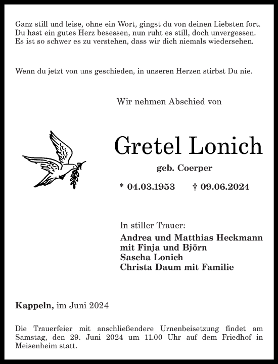Traueranzeige von Gretel Lonich von Oeffentlicher Anzeiger