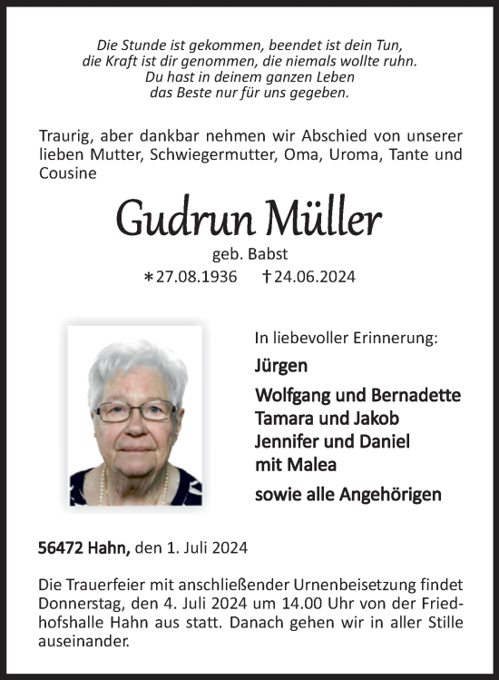 Traueranzeige von Gudrun Müller von Westerwälder Zeitung