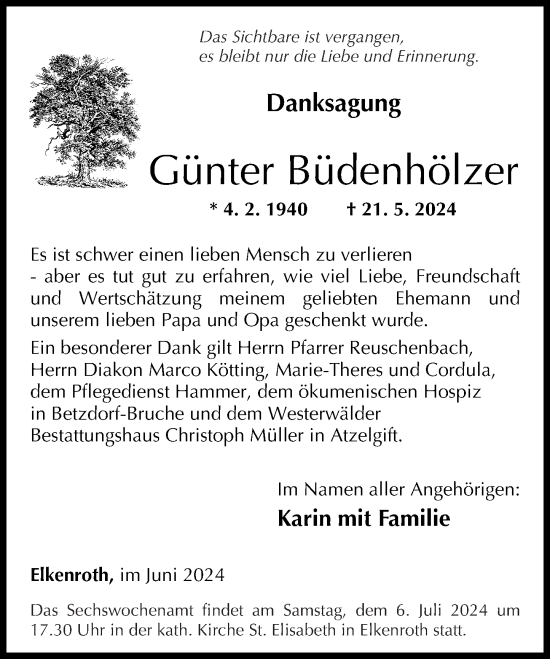 Traueranzeige von Günter Büdenhölzer von Rhein-Zeitung