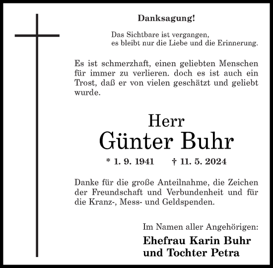 Traueranzeige von Günter Buhr von Westerwälder Zeitung