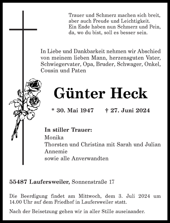 Traueranzeige von Günter Heck von Rhein-Hunsrück-Zeitung