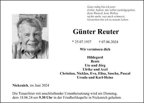 Traueranzeige von Günter Reuter von Rhein-Zeitung