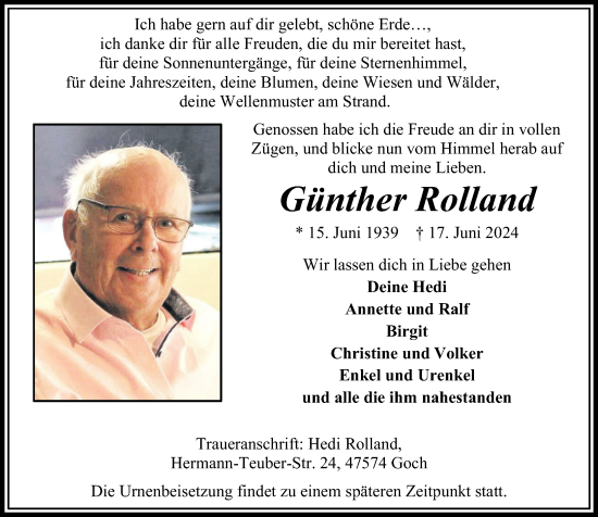 Traueranzeige von Günther Rolland von Rhein-Zeitung