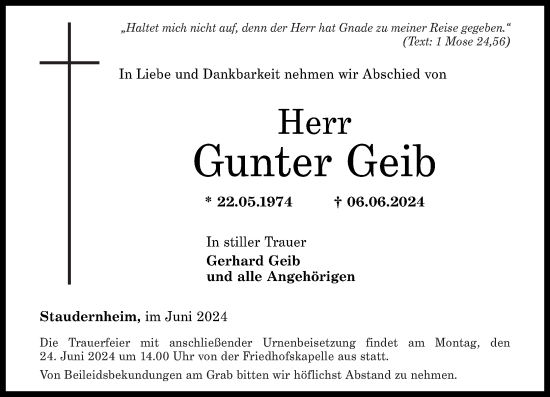 Traueranzeige von Gunter Geib von Oeffentlicher Anzeiger
