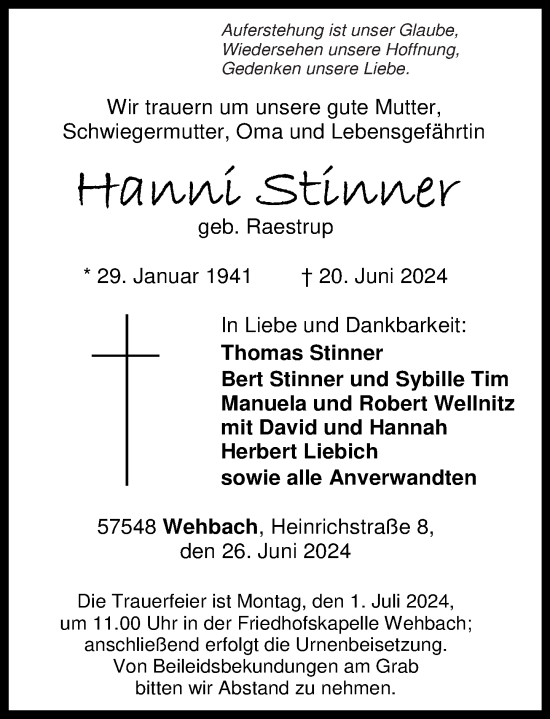 Traueranzeige von Hanni Stinner von Rhein-Zeitung
