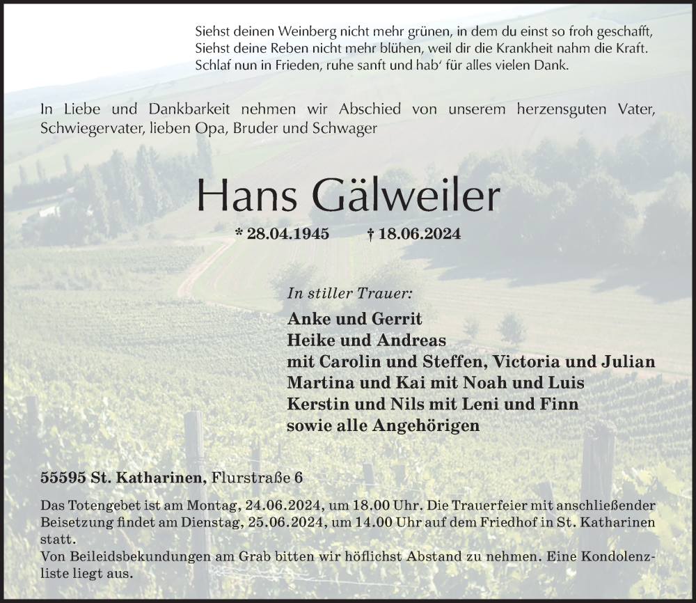  Traueranzeige für Hans Gälweiler vom 22.06.2024 aus Oeffentlicher Anzeiger