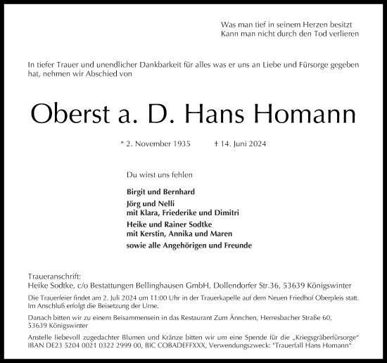 Traueranzeige von Hans Homann von Nahe-Zeitung