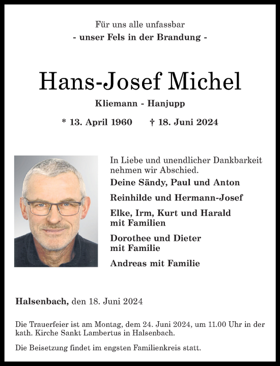 Traueranzeige von Hans-Josef Michel von Rhein-Hunsrück-Zeitung