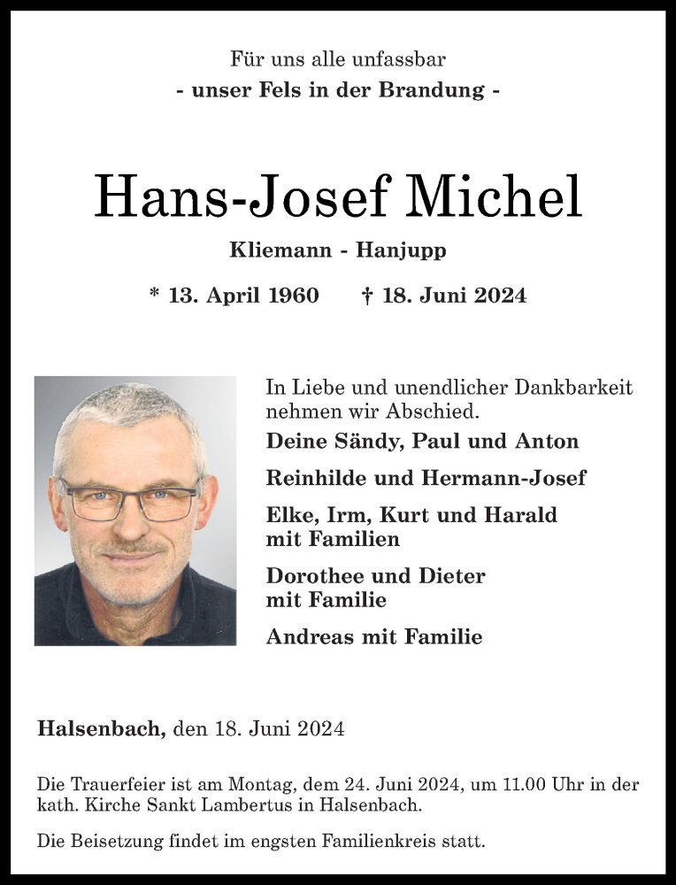  Traueranzeige für Hans-Josef Michel vom 22.06.2024 aus Rhein-Hunsrück-Zeitung