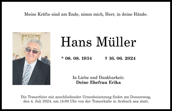 Traueranzeige von Hans Müller von Rhein-Zeitung