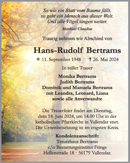 Traueranzeige von Hans-Rudolf Bertrams von Rhein-Zeitung
