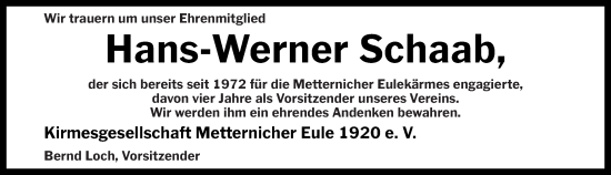 Traueranzeige von Hans-Werner Schaab von Rhein-Zeitung