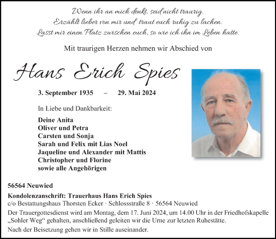 Traueranzeige von Hans Erich Spies von Rhein-Zeitung