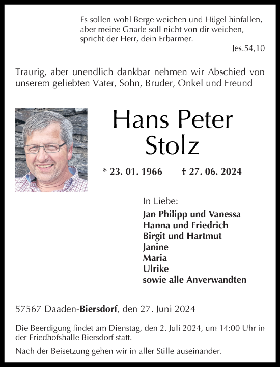 Traueranzeige von Hans Peter Stolz von Rhein-Zeitung