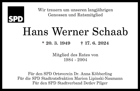 Traueranzeige von Hans Werner Schaab von Rhein-Zeitung