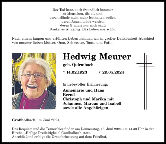 Traueranzeige von Hedwig Meurer von Westerwälder Zeitung