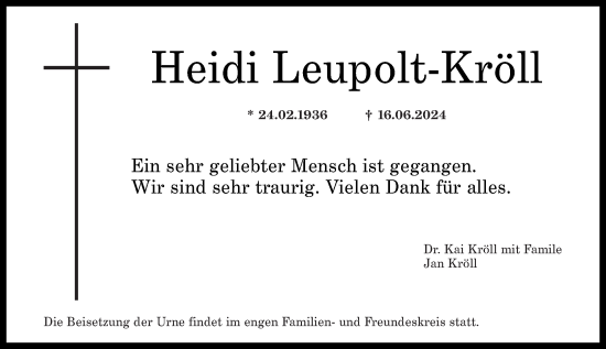 Traueranzeige von Heidi Leupolt-Kröll von Rhein-Zeitung