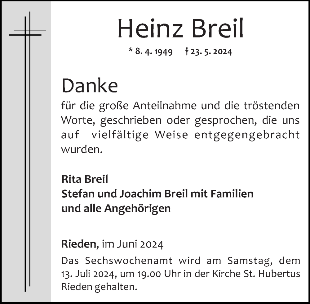  Traueranzeige für Heinz Breil vom 29.06.2024 aus Rhein-Zeitung