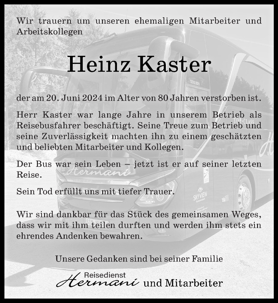  Traueranzeige für Heinz Kaster vom 29.06.2024 aus Rhein-Hunsrück-Zeitung