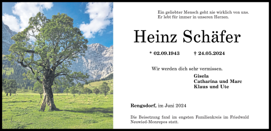 Traueranzeige von Heinz Schäfer von Rhein-Zeitung