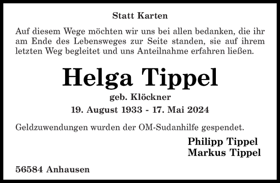 Traueranzeige von Helga Tippel von Rhein-Zeitung