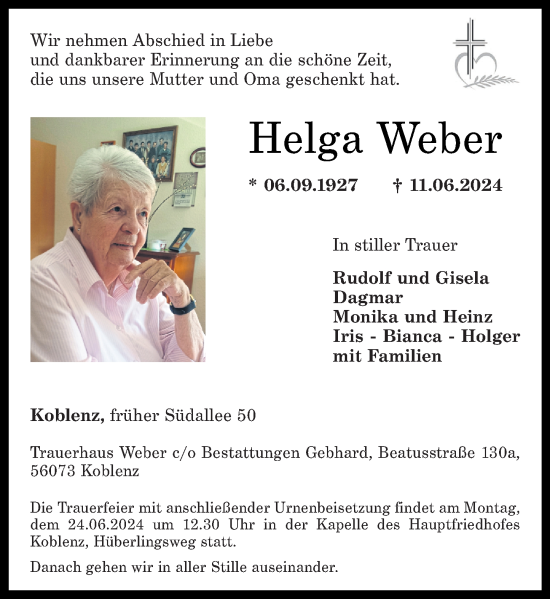Traueranzeige von Helga Weber von Rhein-Zeitung