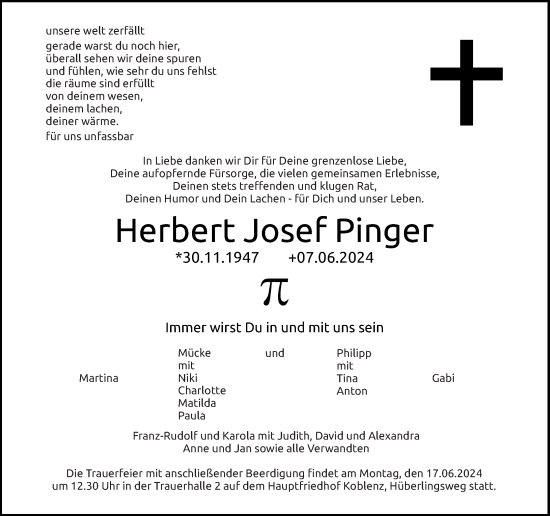 Traueranzeige von Herbert Josef Pinger von Rhein-Zeitung