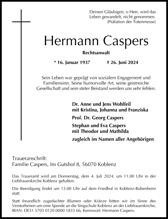 Traueranzeige von Hermann Caspers von Rhein-Zeitung