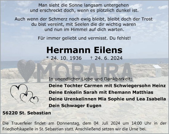 Traueranzeige von Hermann Eilens von Rhein-Zeitung