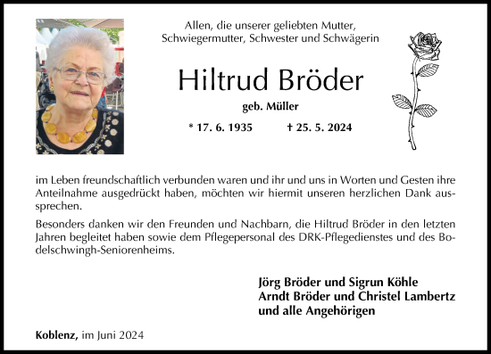 Traueranzeige von Hiltrud Bröder von Rhein-Zeitung