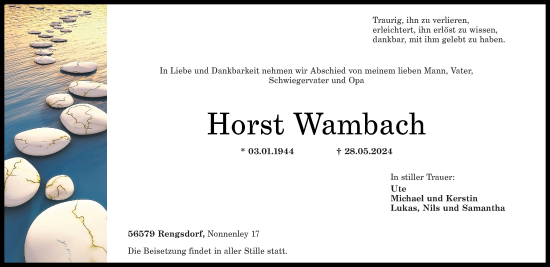 Traueranzeige von Horst Wambach von Rhein-Zeitung