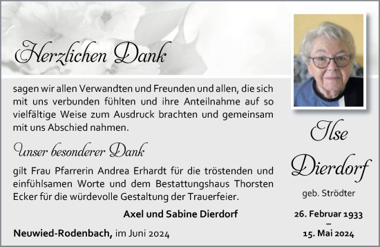 Traueranzeige von Ilse Dierdorf von Rhein-Zeitung