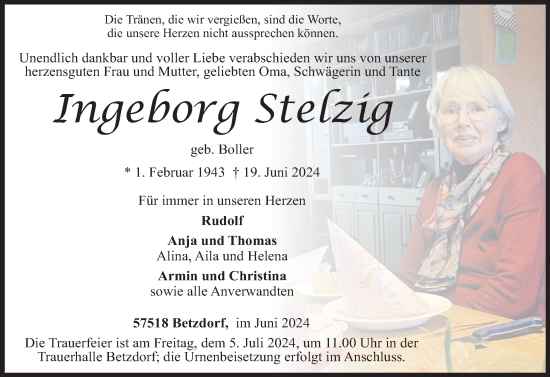 Traueranzeige von Ingeborg Stelzig von Rhein-Zeitung