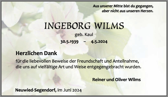 Traueranzeige von Ingeborg Wilms von Rhein-Zeitung